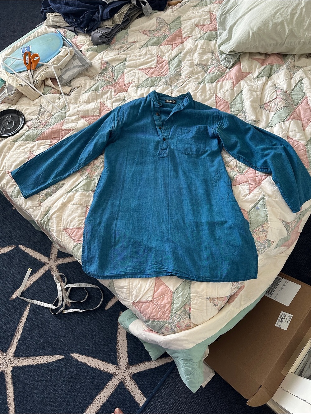 fabindia Teal Blue Unisex Casual Button-Down Kurta Shirt